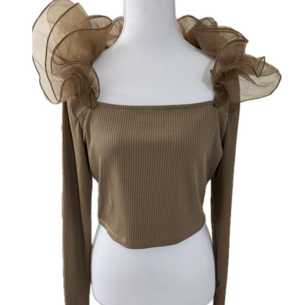 ZARA Ribbed Crop Top Large Taupe Organza Ruffle Long Sleeve Romantic. - Picture 5 of 11